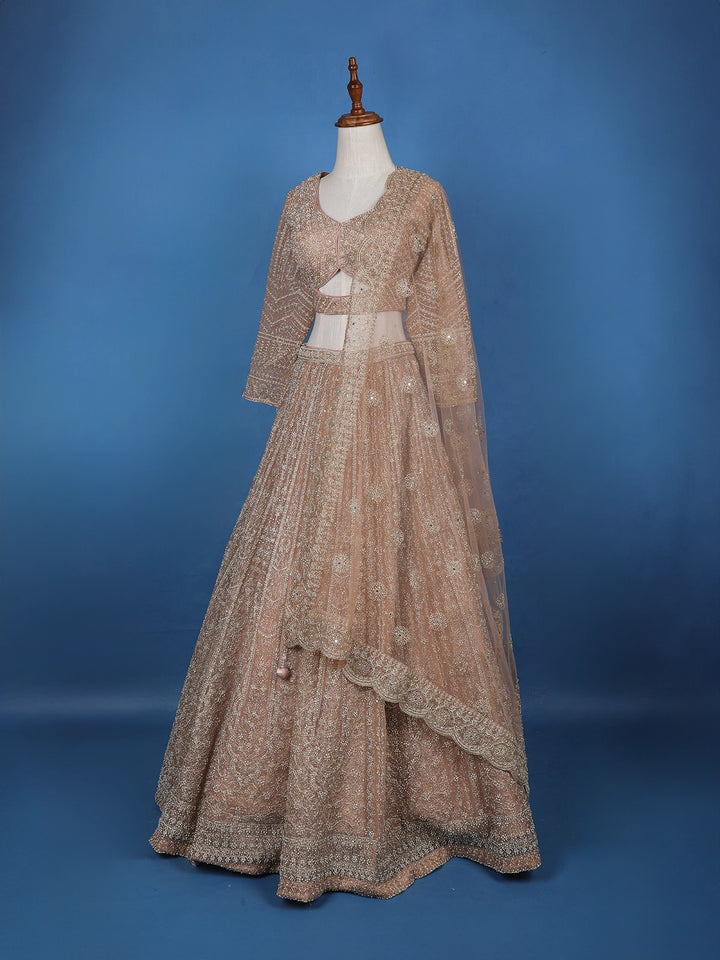 Dusty Rose Gold Floral Motif Embroidery Bridal Net Lehenga Set - Diadem