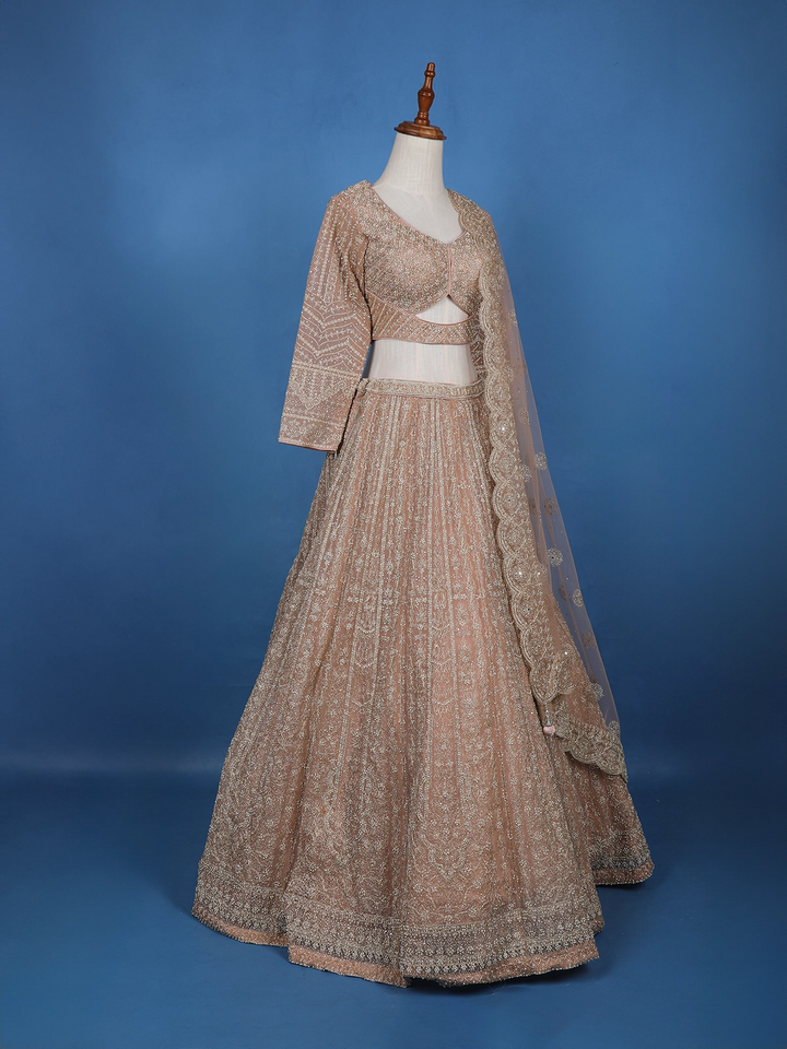 Dusty Rose Gold Floral Motif Embroidery Bridal Net Lehenga Set - Diadem