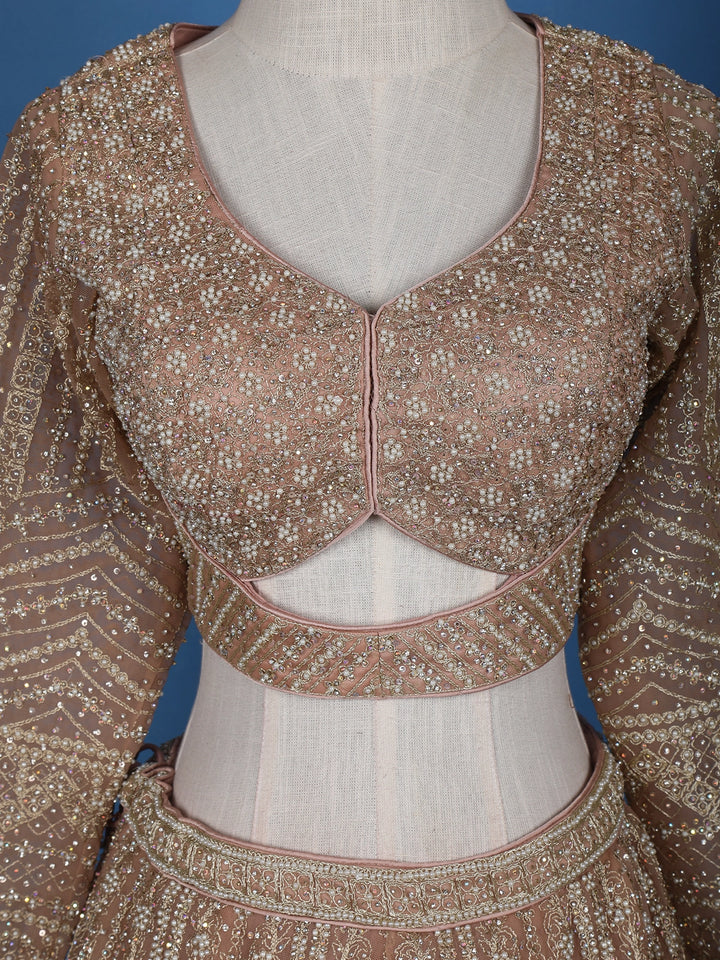 Dusty Rose Gold Floral Motif Embroidery Bridal Net Lehenga Set - Diadem