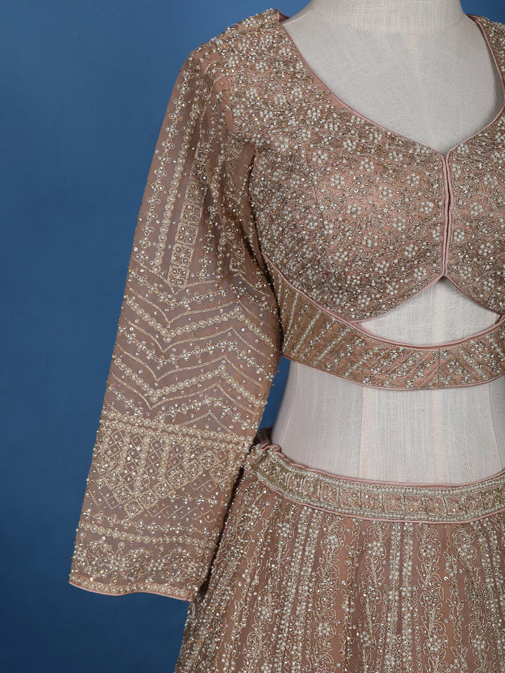 Dusty Rose Gold Floral Motif Embroidery Bridal Net Lehenga Set - Diadem