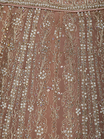 Dusty Rose Gold Floral Motif Embroidery Bridal Net Lehenga Set - Diadem