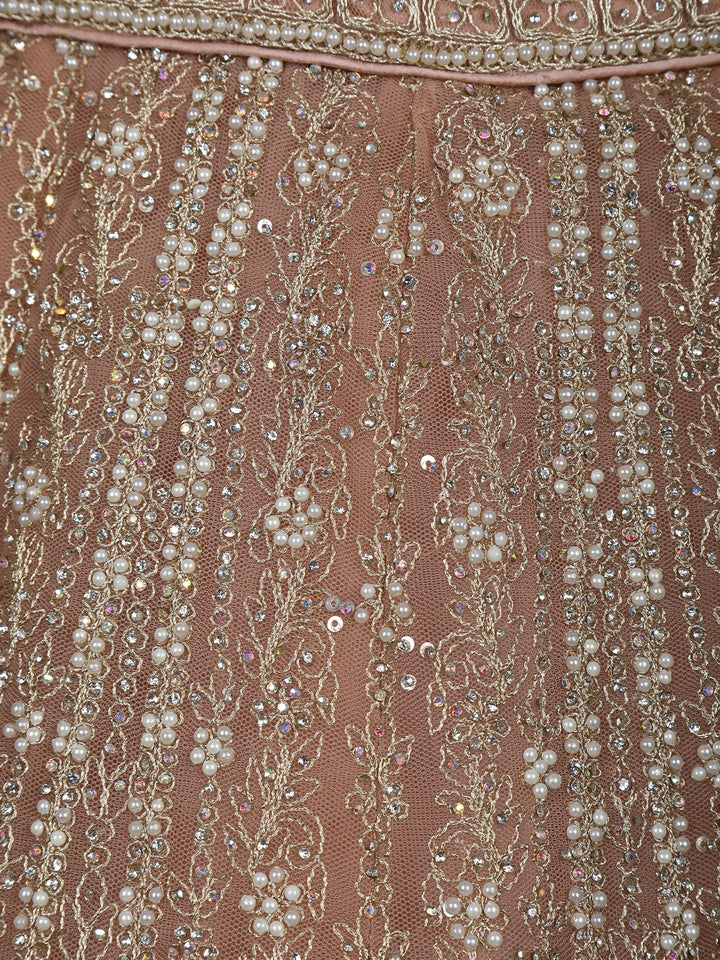 Dusty Rose Gold Floral Motif Embroidery Bridal Net Lehenga Set - Diadem