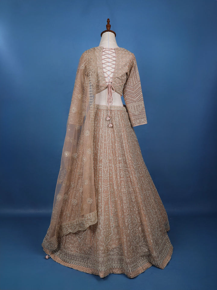 Dusty Rose Gold Floral Motif Embroidery Bridal Net Lehenga Set - Diadem