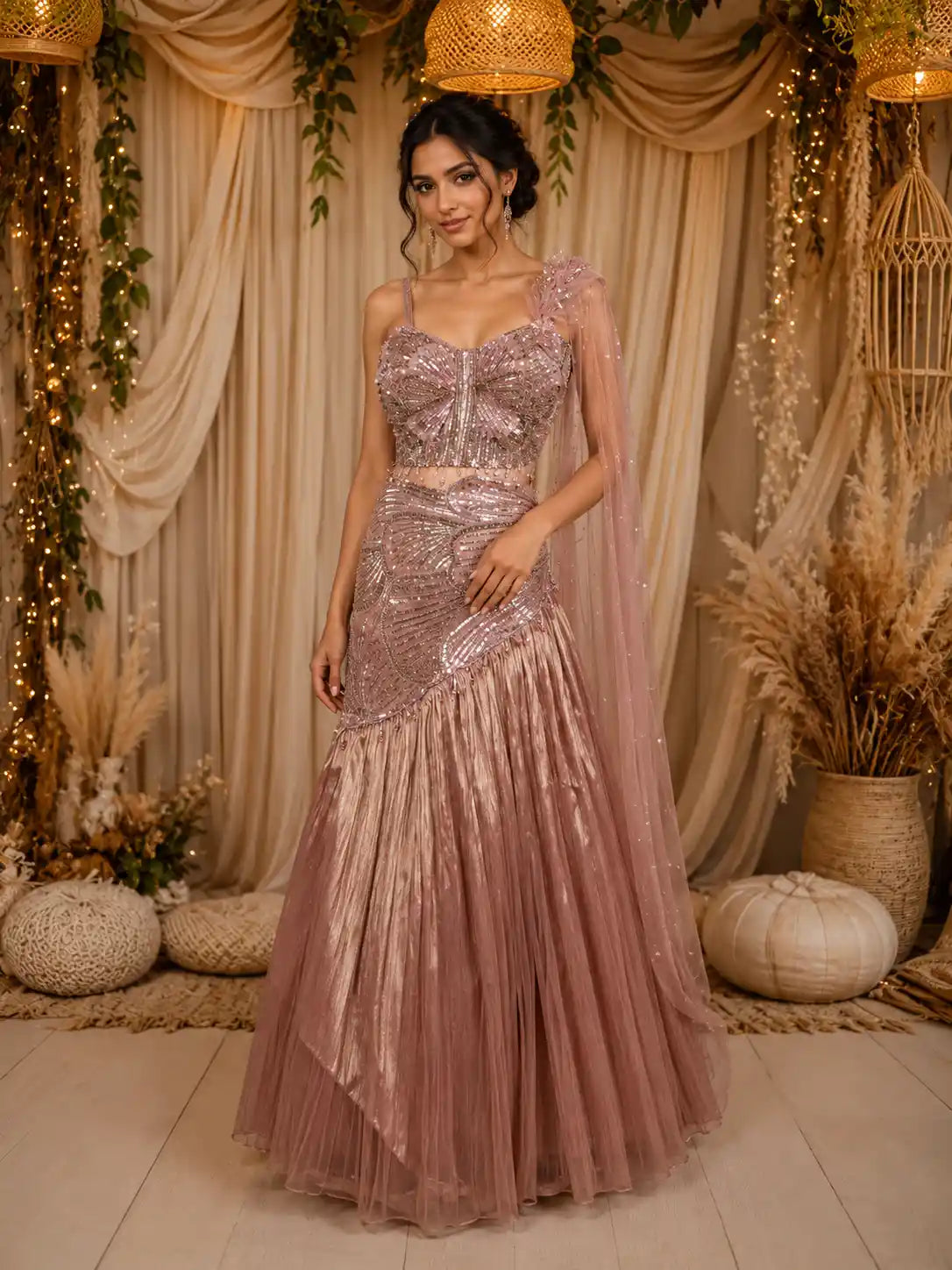 Dusty Rose Gold Heavy Sequins and Beads Embroidered Design Mermaid Tissue Party Lehenga
