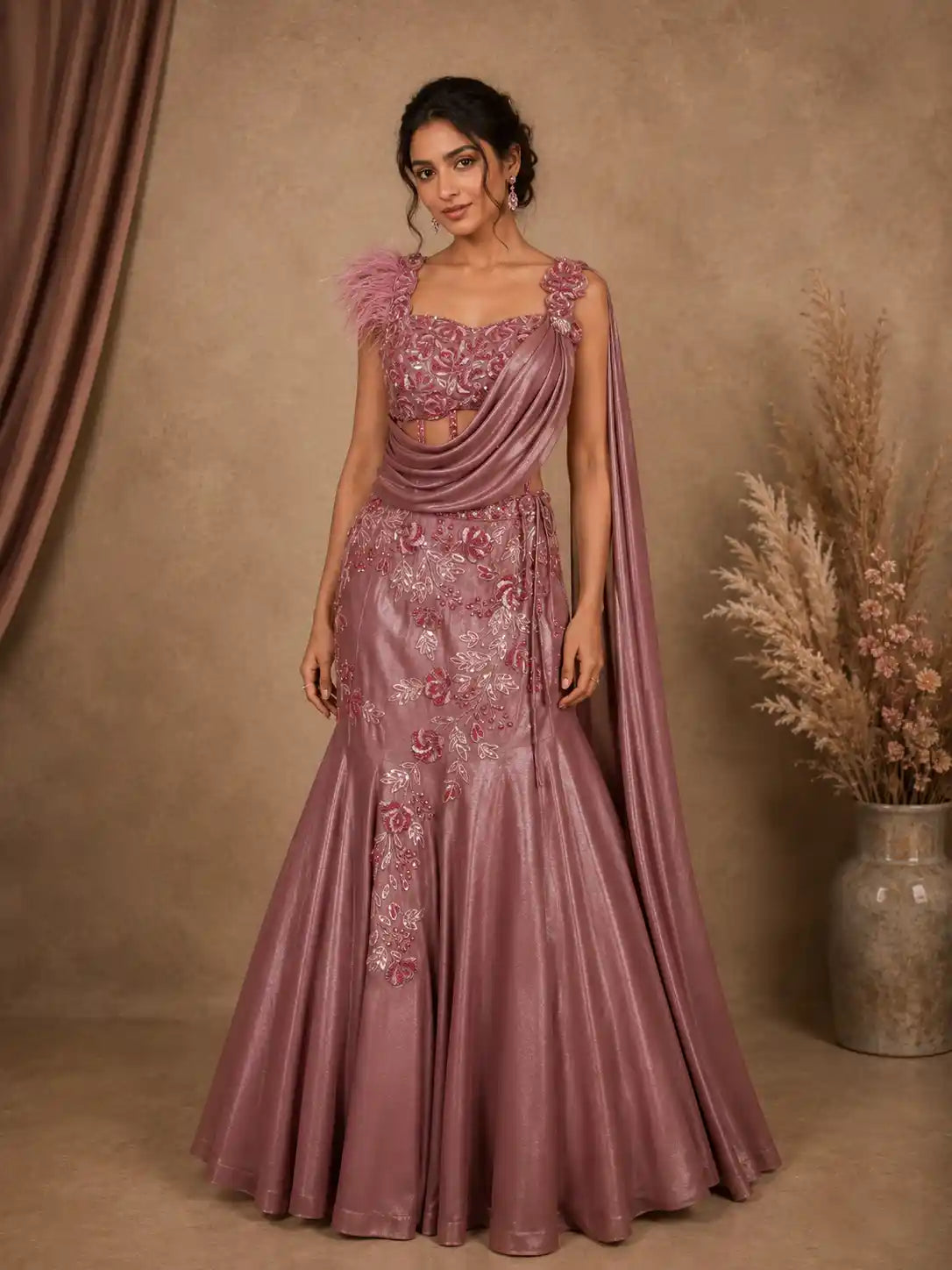 Dusty Rose Mauve Floral Sequins and Beads Embroidered Design Mermaid Organza Lehenga