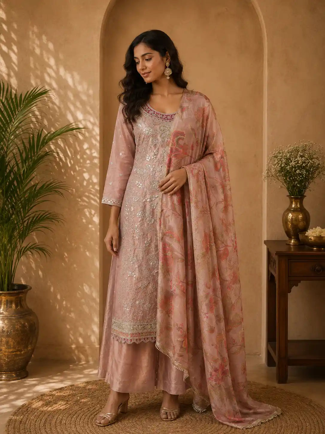 Dusty Rose Mauve Floral Zari Embroidered Design Tissue Silk Palazzo Suit with Dupatta