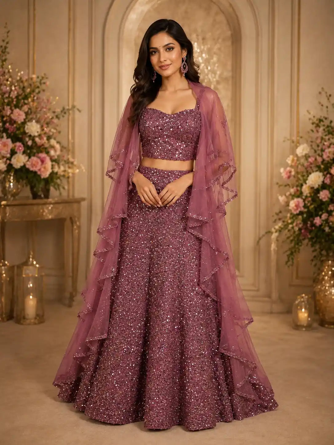 Dusty Rose Mauve Heavy Sequins Embroidered Design Net Mermaid Lehenga with Layered Ruffle Dupatta