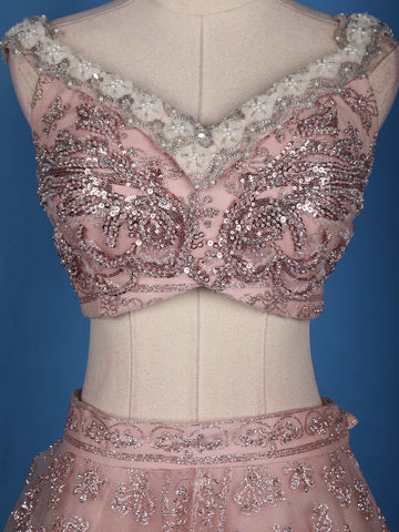 Dusty Rose Pink Floral And Sequins Embroidered Net Lehenga for Bridesmaids - Diadem