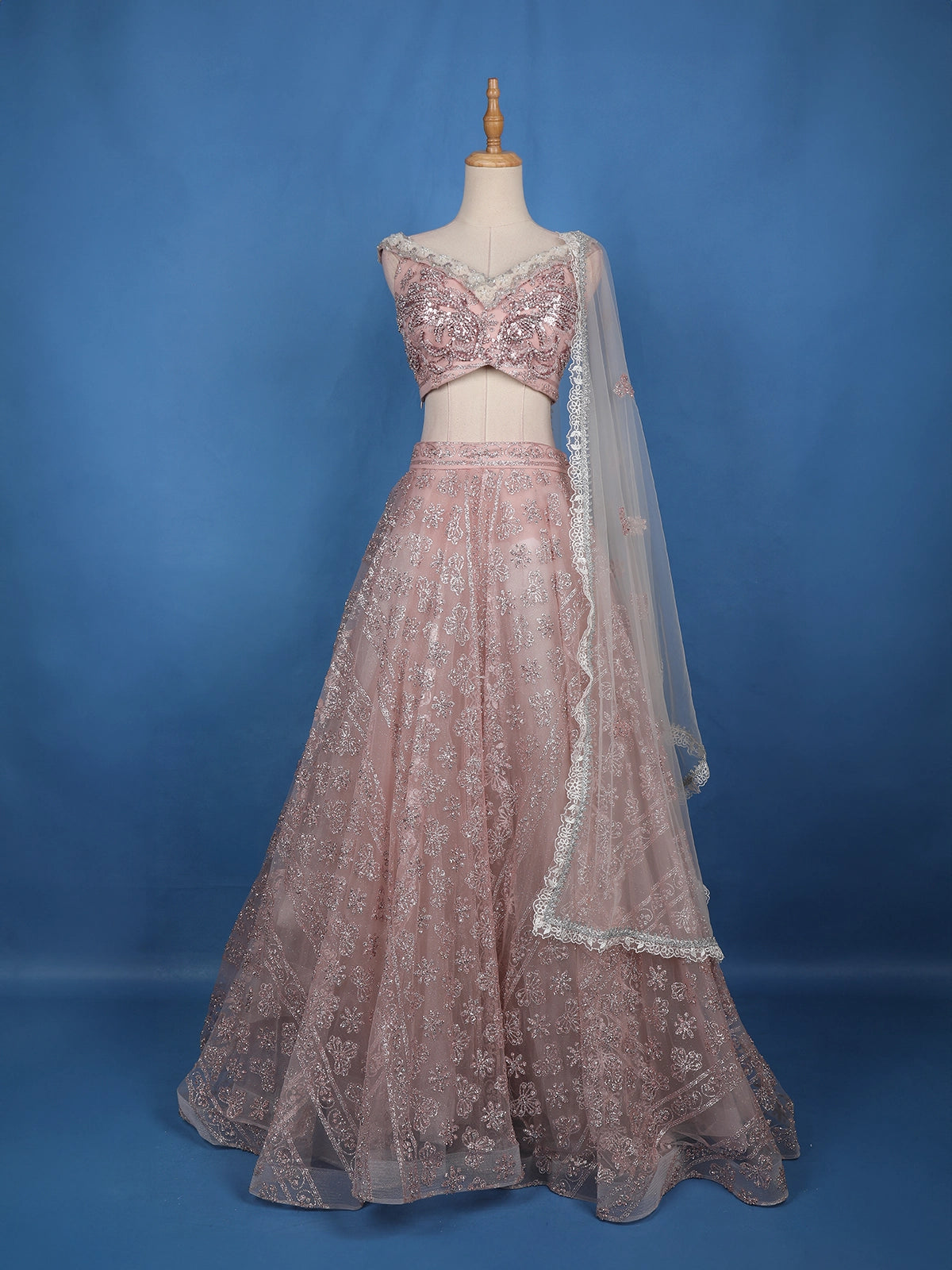 Dusty Rose Pink Floral And Sequins Embroidered Net Lehenga for Bridesmaids - Diadem