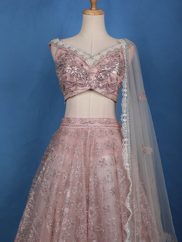 Dusty Rose Pink Floral And Sequins Embroidered Net Lehenga for Bridesmaids - Diadem