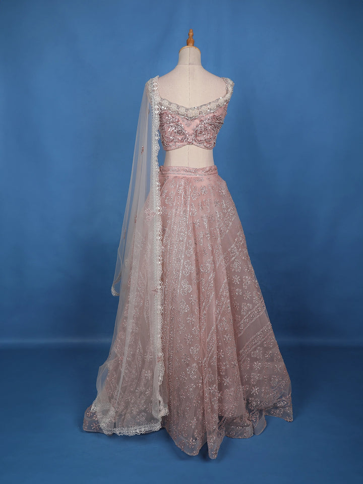 Dusty Rose Pink Floral And Sequins Embroidered Net Lehenga for Bridesmaids - Diadem