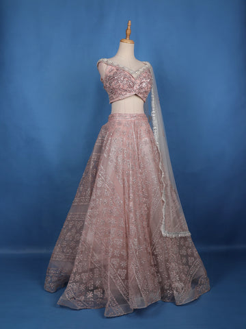 Dusty Rose Pink Floral And Sequins Embroidered Net Lehenga for Bridesmaids - Diadem