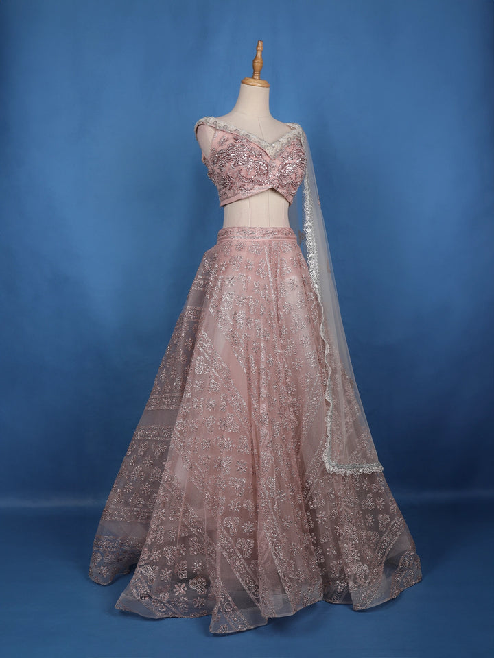Dusty Rose Pink Floral And Sequins Embroidered Net Lehenga for Bridesmaids - Diadem
