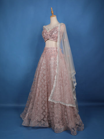 Dusty Rose Pink Floral And Sequins Embroidered Net Lehenga for Bridesmaids - Diadem
