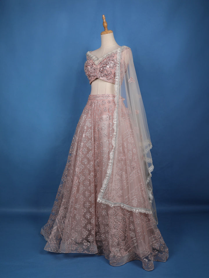 Dusty Rose Pink Floral And Sequins Embroidered Net Lehenga for Bridesmaids - Diadem