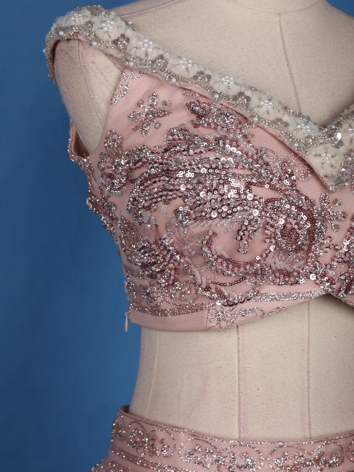 Dusty Rose Pink Floral And Sequins Embroidered Net Lehenga for Bridesmaids - Diadem