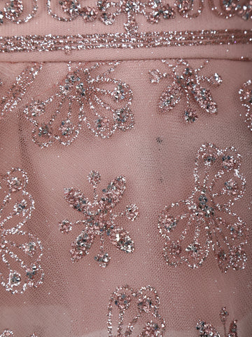 Dusty Rose Pink Floral And Sequins Embroidered Net Lehenga for Bridesmaids - Diadem