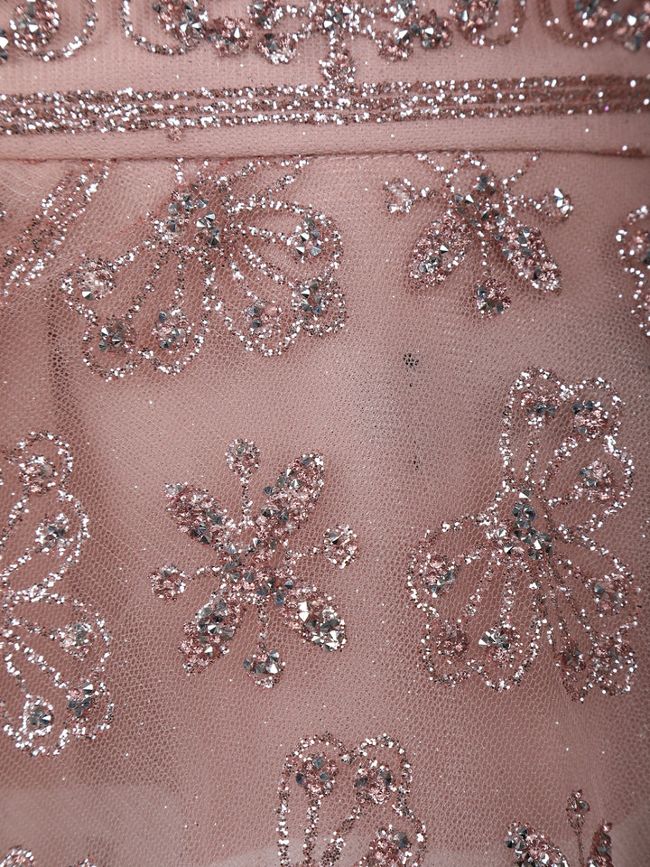 Dusty Rose Pink Floral And Sequins Embroidered Net Lehenga for Bridesmaids - Diadem