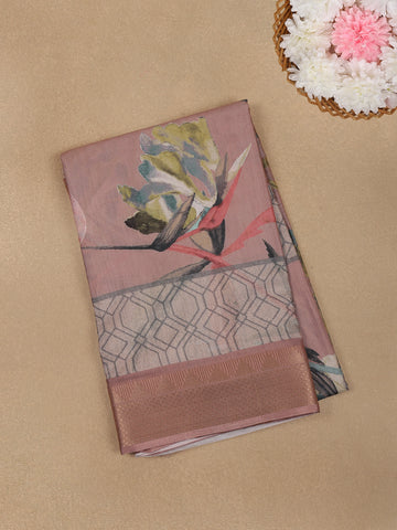 Dusty Rose Pink Floral Design Printed Cotton Saree - Diadem