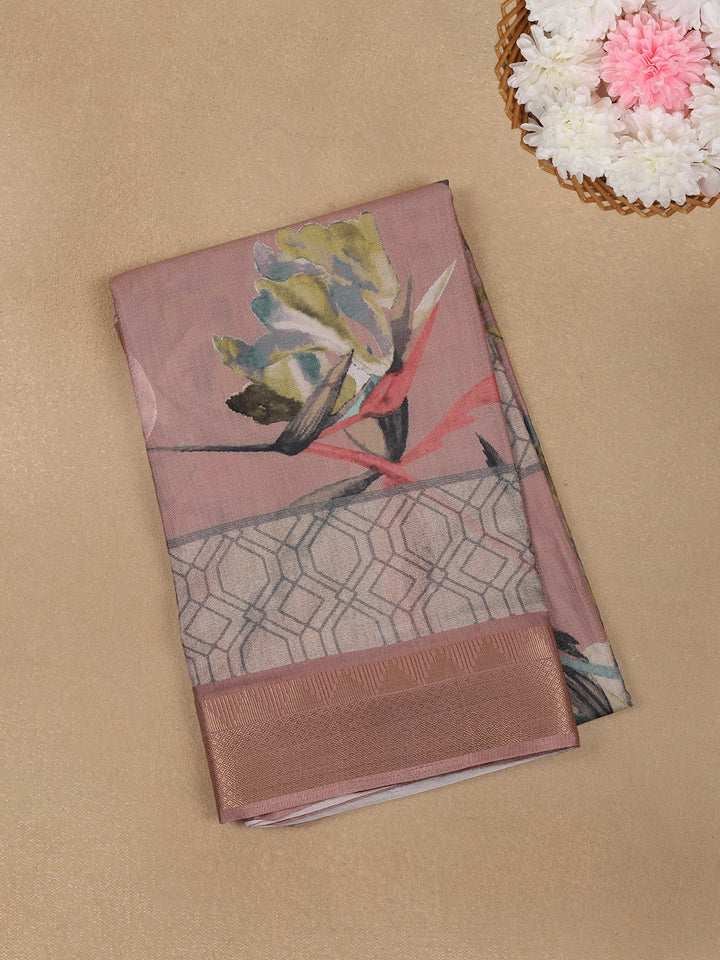 Dusty Rose Pink Floral Design Printed Cotton Saree - Diadem