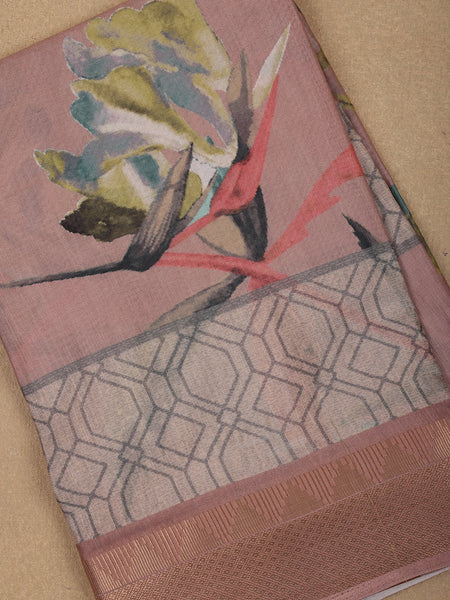 Dusty Rose Pink Floral Design Printed Cotton Saree - Diadem
