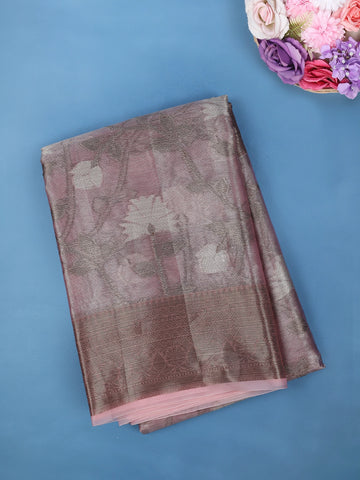 Dusty Rose Pink Floral Design Woven Tissue Silk Saree - Diadem