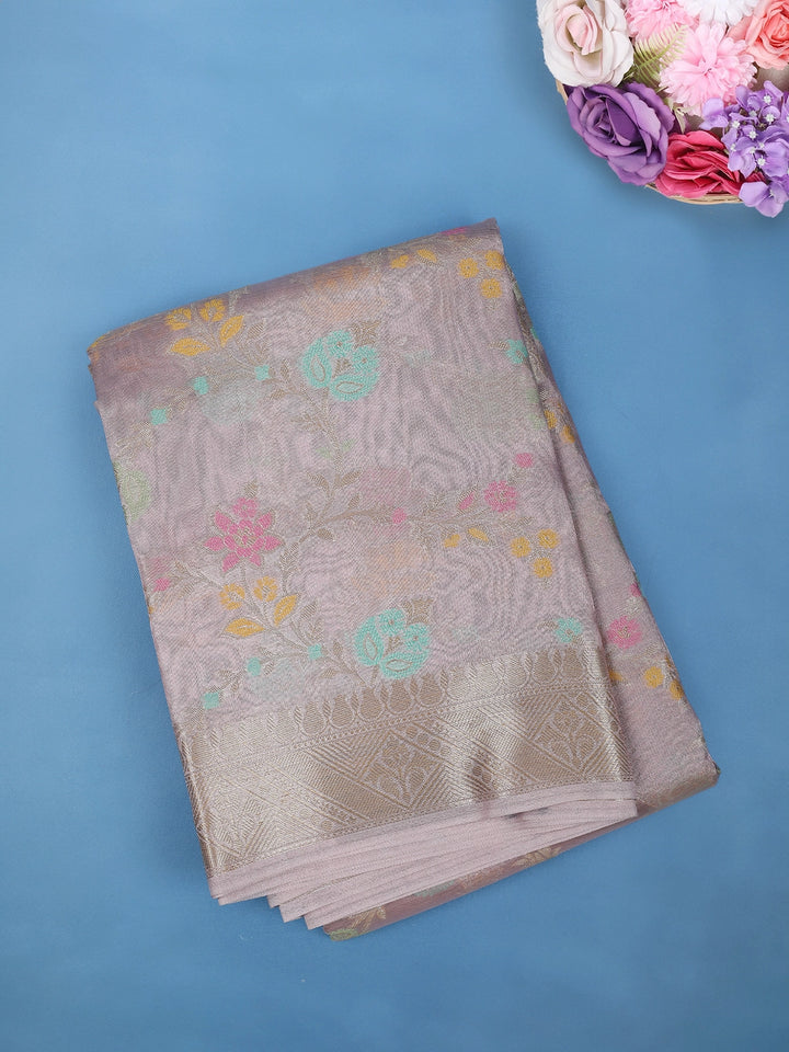 Dusty Rose Pink Floral Design Zari Work Tissue Silk Saree - Diadem