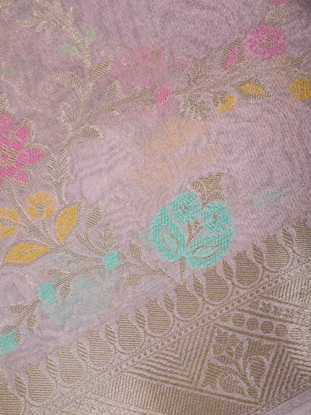 Dusty Rose Pink Floral Design Zari Work Tissue Silk Saree - Diadem