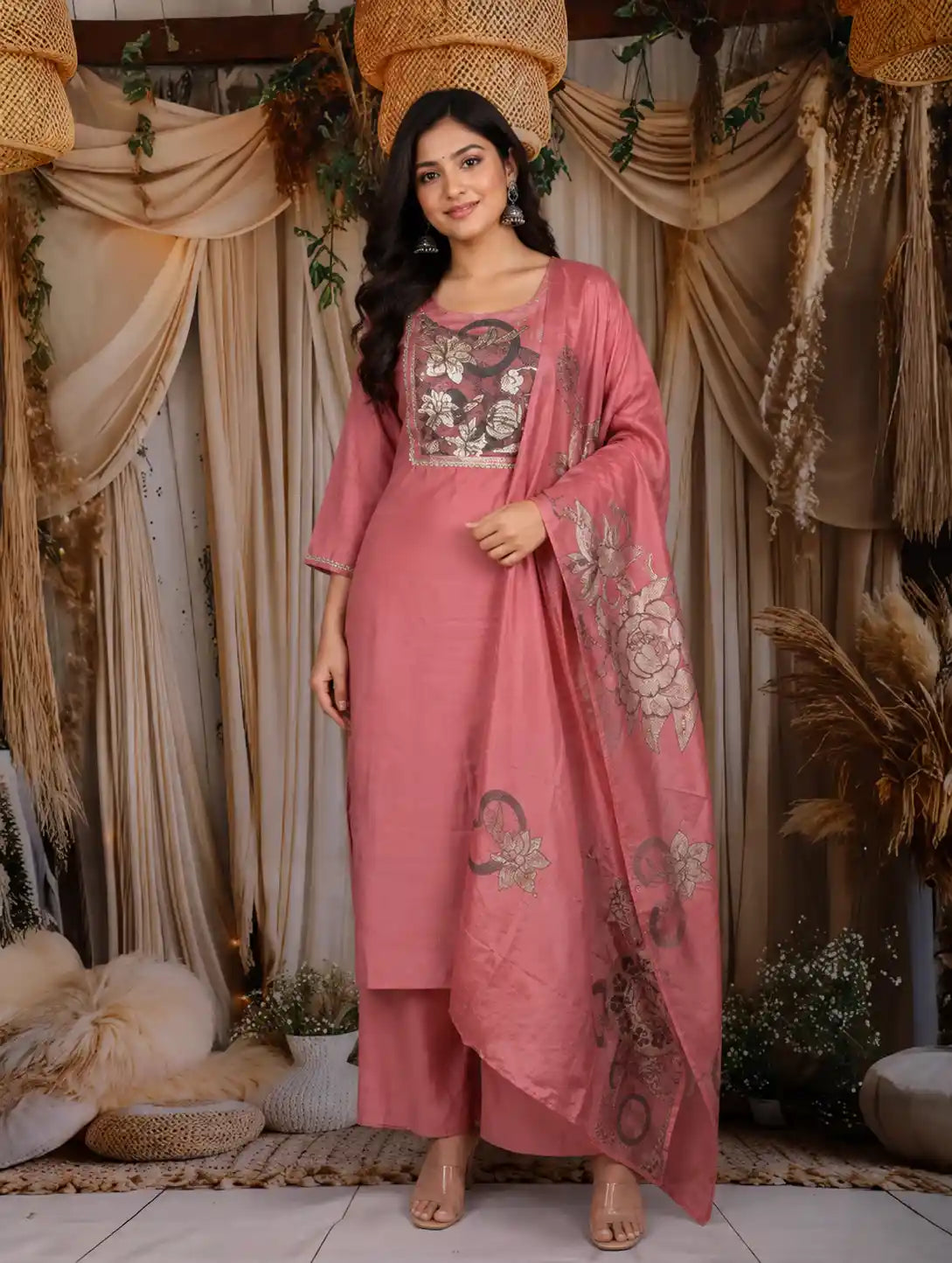 Dusty Rose Pink Floral Embroidered Design Cotton Straight Cut Salwar Suit