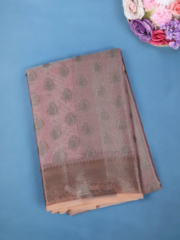 Dusty Rose Pink Floral Motifs Design Tissue Silk Saree - Diadem