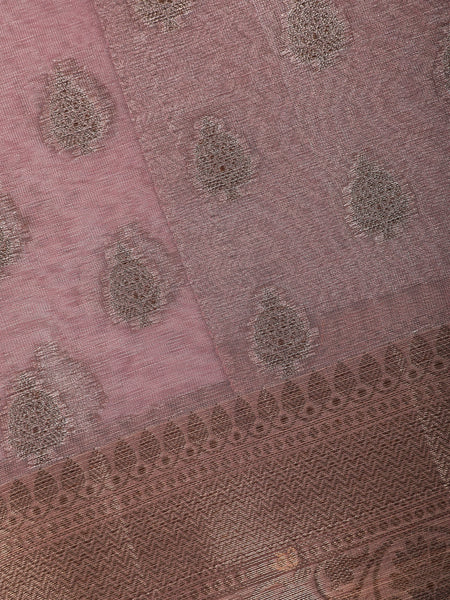 Dusty Rose Pink Floral Motifs Design Tissue Silk Saree - Diadem