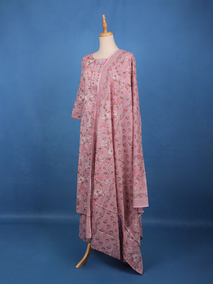 Dusty Rose Pink Floral Printed Cotton Salwar Suit Set - Diadem