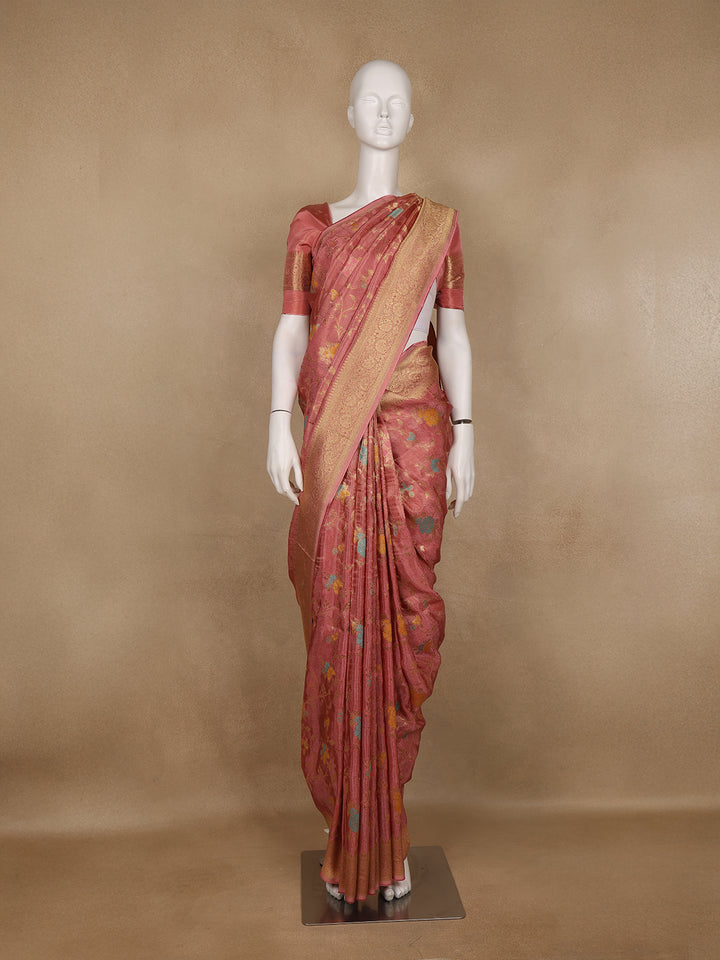 Dusty Rose Pink Floral Woven Banarasi Silk Saree - Diadem
