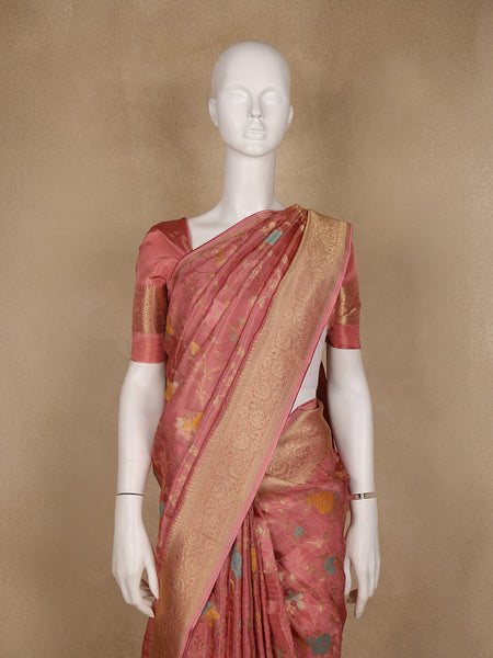 Dusty Rose Pink Floral Woven Banarasi Silk Saree - Diadem