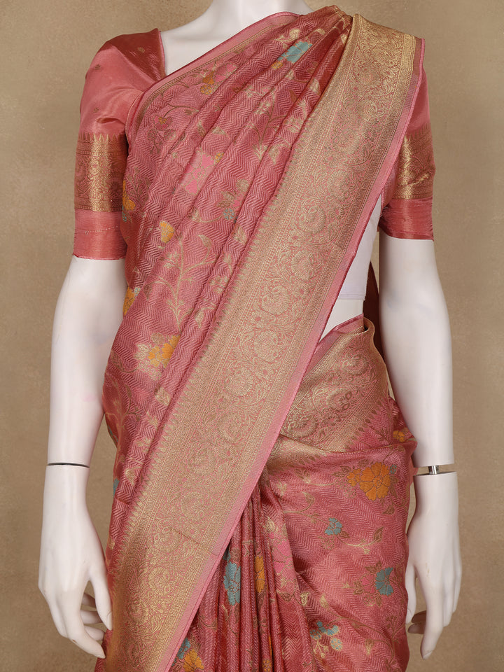 Dusty Rose Pink Floral Woven Banarasi Silk Saree - Diadem
