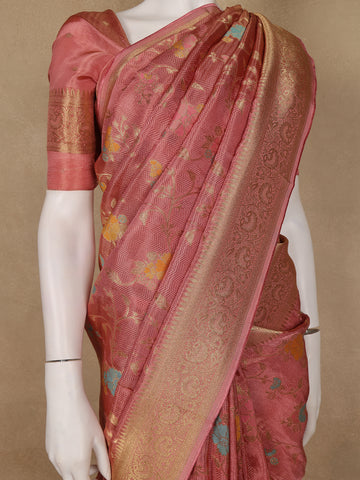 Dusty Rose Pink Floral Woven Banarasi Silk Saree - Diadem