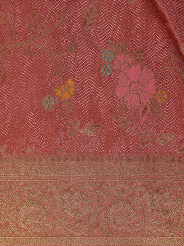 Dusty Rose Pink Floral Woven Banarasi Silk Saree - Diadem