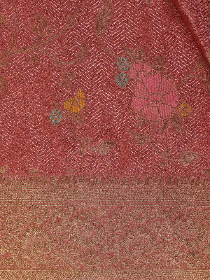 Dusty Rose Pink Floral Woven Banarasi Silk Saree - Diadem