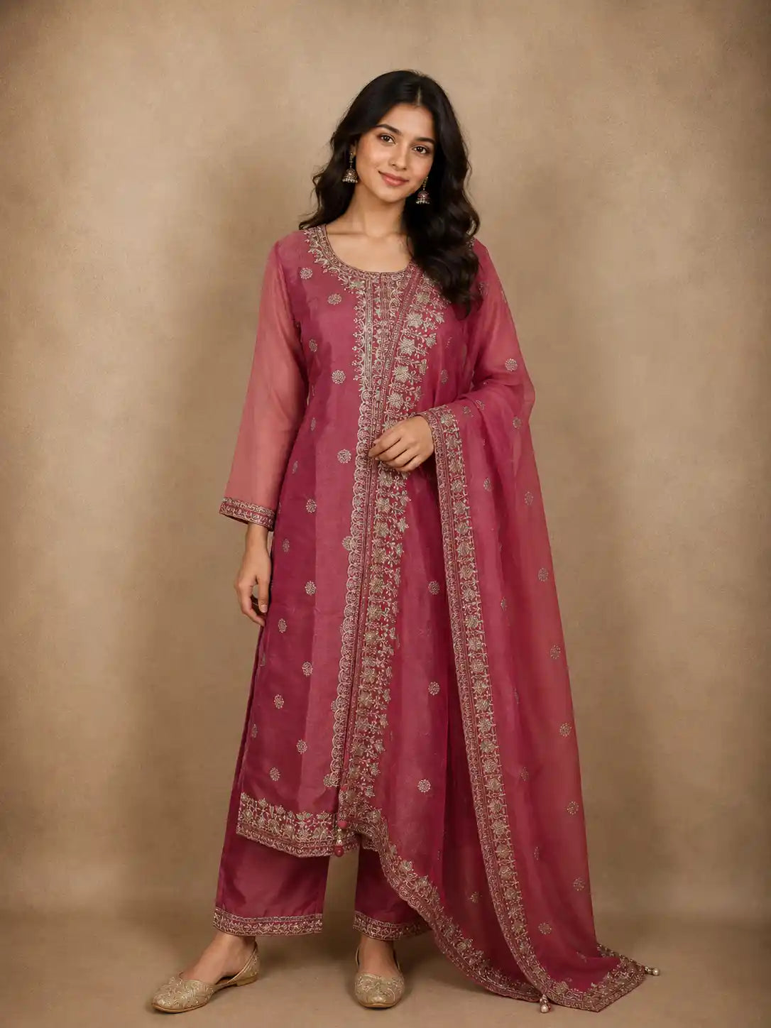 Dusty Rose Pink Floral Zari and Beads Embroidered Design Tissue Silk Straight Cut Salwar Suit