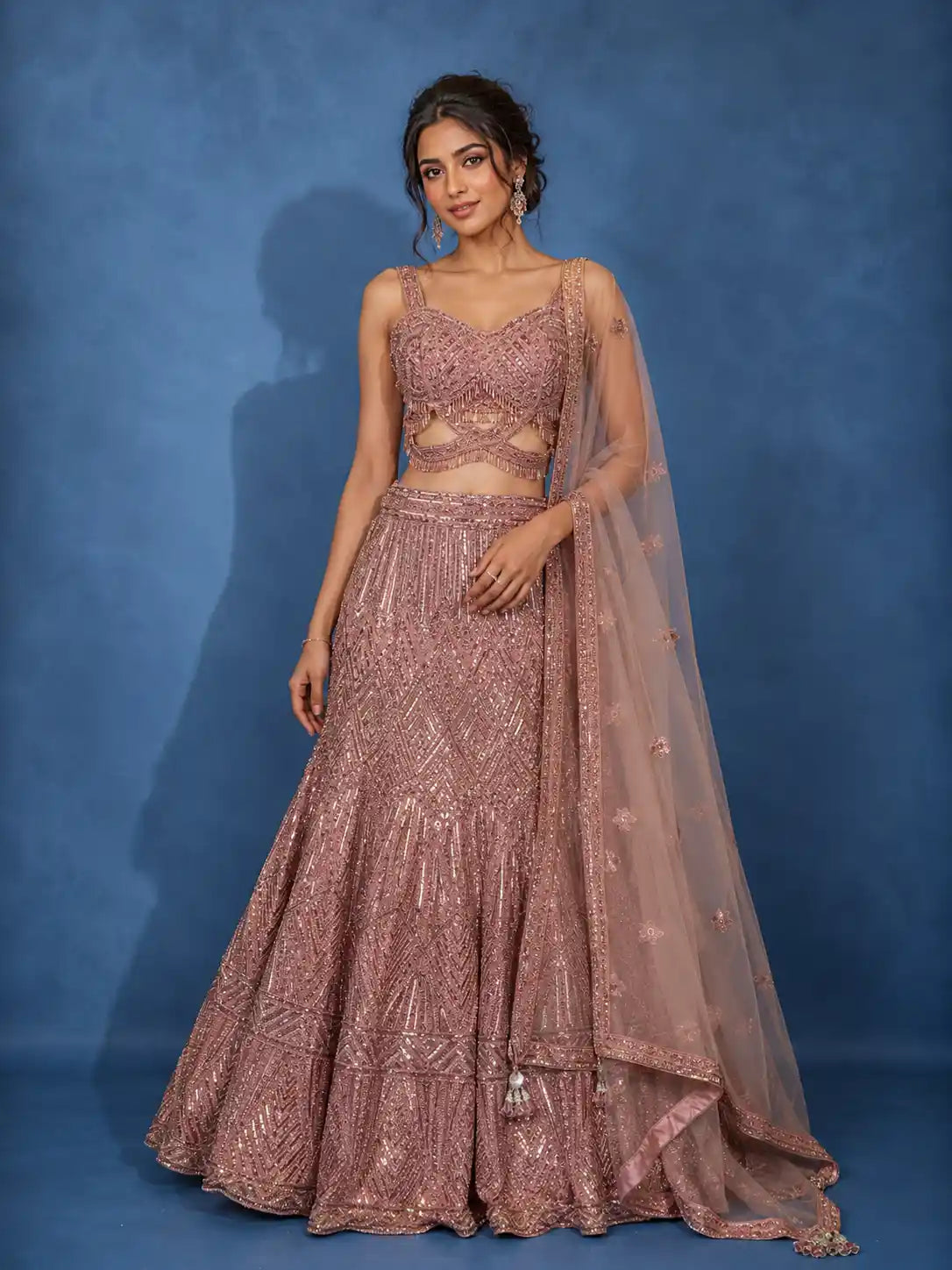 Dusty Rose Pink Geometric Sequins Embroidered Mermaid Net Lehenga With Dupatta