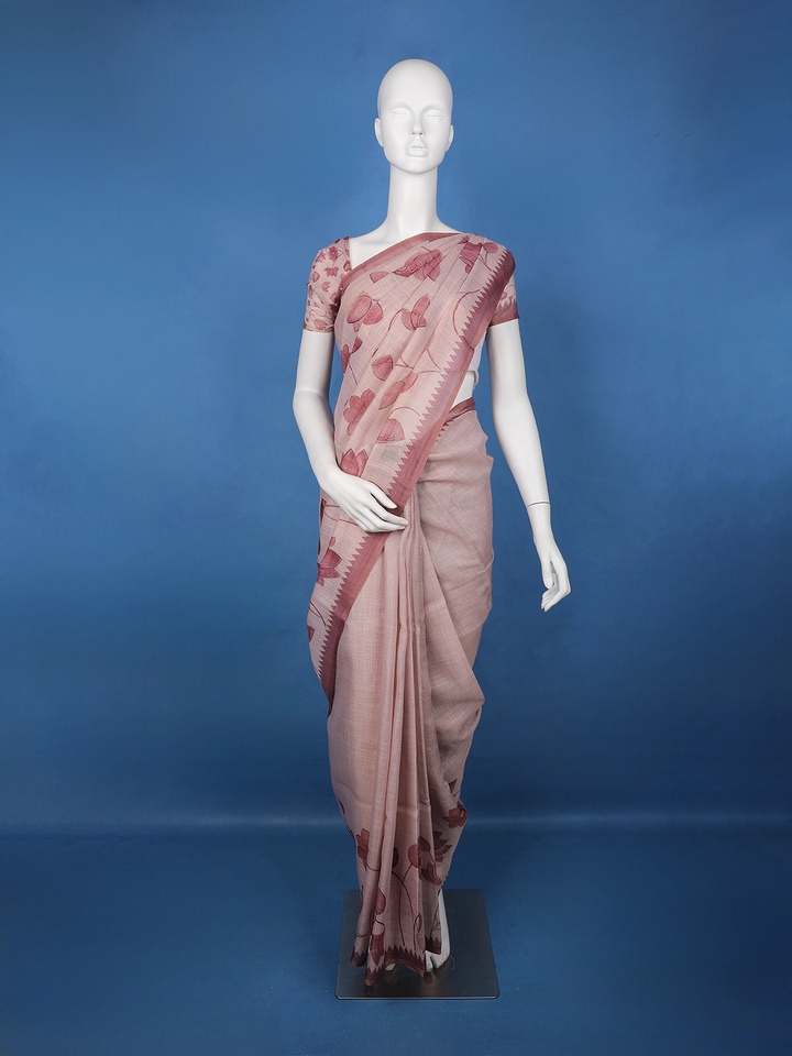 Dusty Rose Pink Hand-Drawn Lotus Floral Printed Cotton Saree - Diadem