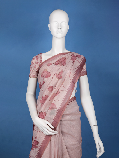 Dusty Rose Pink Hand-Drawn Lotus Floral Printed Cotton Saree - Diadem