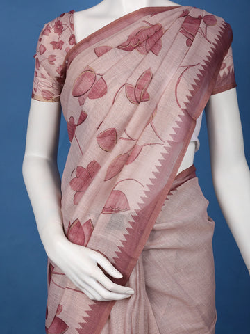 Dusty Rose Pink Hand-Drawn Lotus Floral Printed Cotton Saree - Diadem