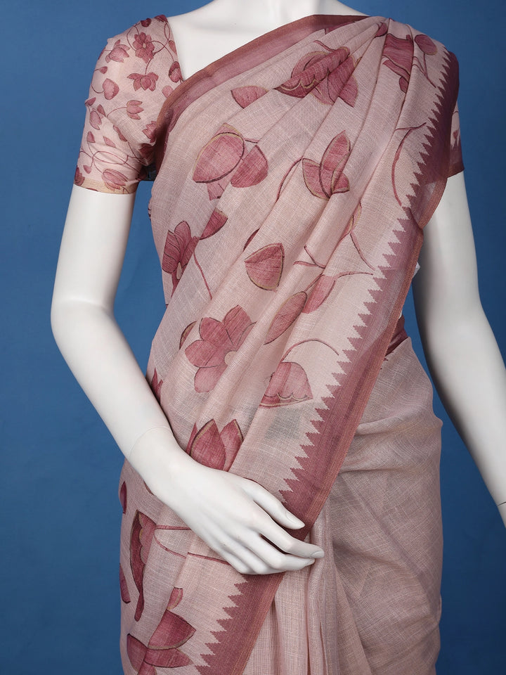 Dusty Rose Pink Hand-Drawn Lotus Floral Printed Cotton Saree - Diadem
