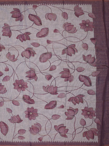 Dusty Rose Pink Hand-Drawn Lotus Floral Printed Cotton Saree - Diadem