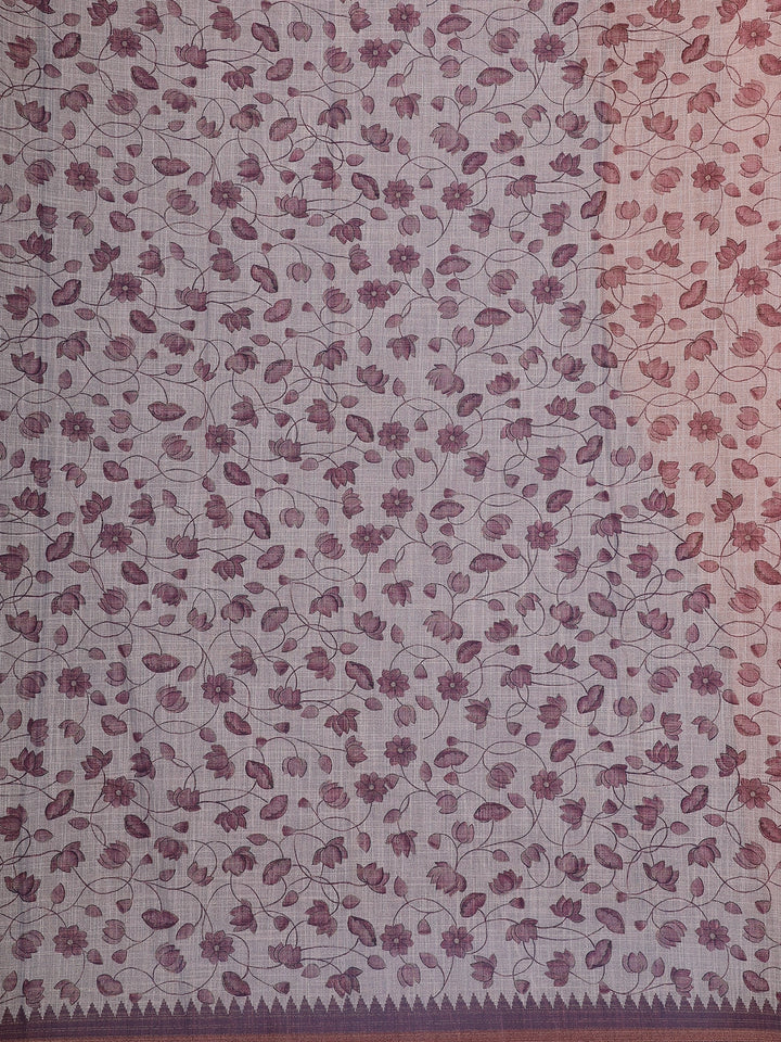 Dusty Rose Pink Hand-Drawn Lotus Floral Printed Cotton Saree - Diadem