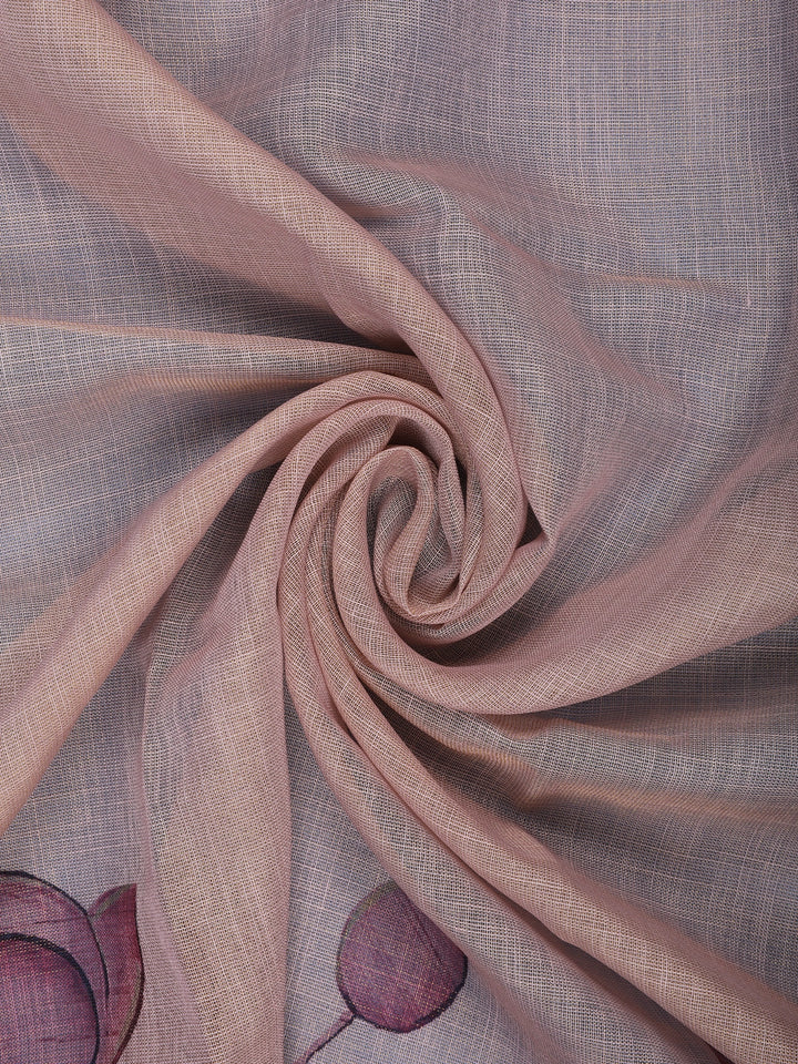 Dusty Rose Pink Hand-Drawn Lotus Floral Printed Cotton Saree - Diadem