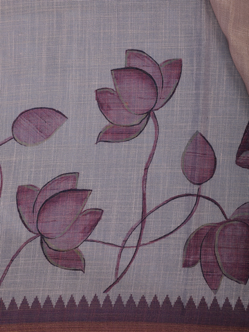 Dusty Rose Pink Hand-Drawn Lotus Floral Printed Cotton Saree - Diadem
