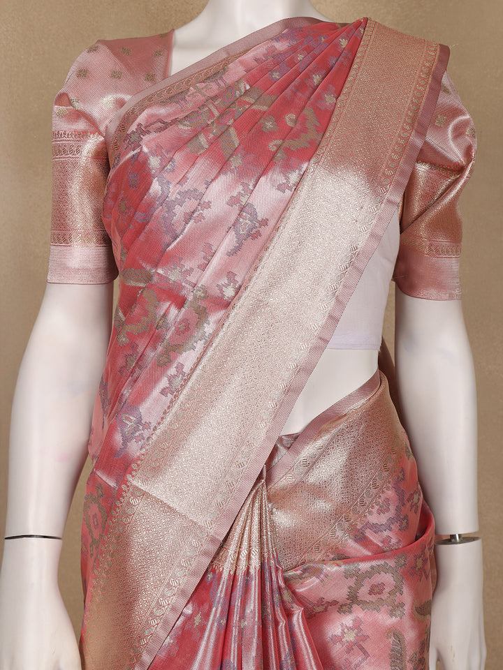 Dusty Rose Pink Ikat Woven Tissue Silk Saree - Diadem