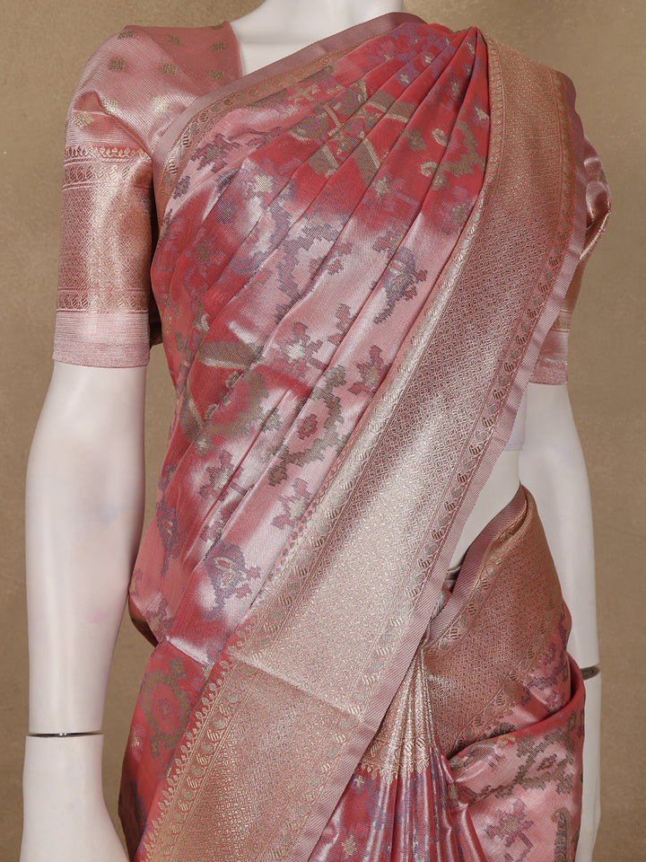 Dusty Rose Pink Ikat Woven Tissue Silk Saree - Diadem